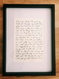 Custom framed vows or first dance lyrics gift calligraphy