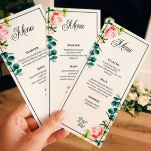 Custom wedding calligraphy menu cards eucalyptus and rose design