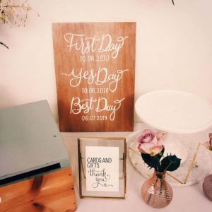 Rustic glam wooden sign calligraphy and card table sign for first day yes day best day