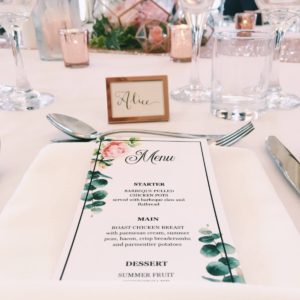 Wedding place setting and menu card Bristol