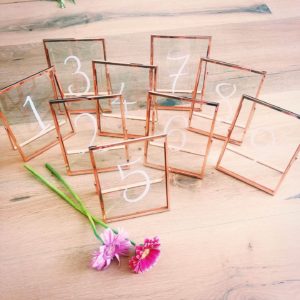 Glass and copper rose gold table number calligraphy